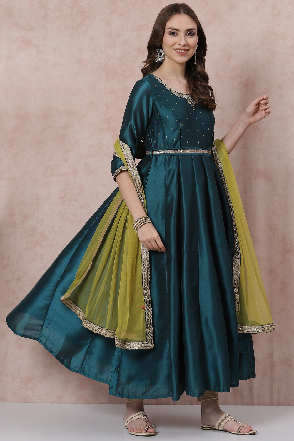 Teal Green Poly Cotton Kalidar Suit Set image number 0